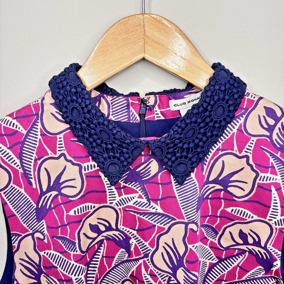Club Monaco Shift Dress Sz 10 Purple Floral Sleeveless Pockets Crochet Collar - Picture 3 of 10
